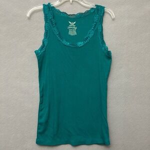 Y2K Style Tank Top Rib Knit Lace Trim Teal Blue Juniors XL Women's M/L Preppy
